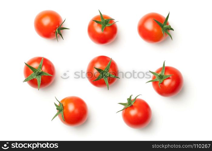 Cherry tomatoes isolated on white background. Top view