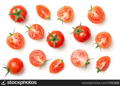 Cherry tomatoes isolated on white background. Top view