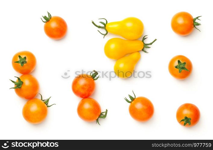 Cherry tomatoes isolated on white background. Yellow pear, isis candy cherry tomato. Top view, flat lay