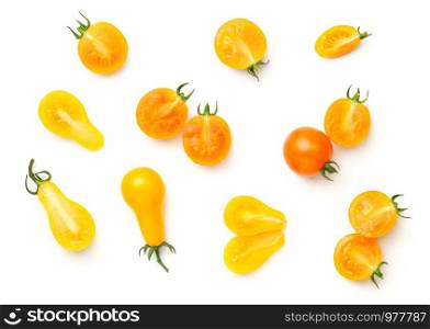 Cherry tomatoes isolated on white background. Yellow pear, isis candy cherry tomato. Top view, flat lay
