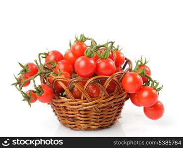 Cherry tomatoes on twigs in basket isolated on white background