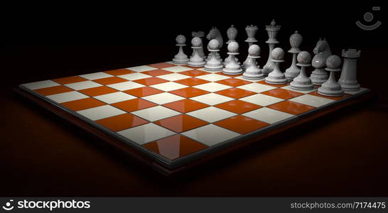 Chess board with bright brown and white squares with neat white pieces before starting the game on a dark brown surface on a black background. 3D Illustration. Chess board with bright brown and white squares with white pieces on a dark brown surface on a black background. 3D Illustration