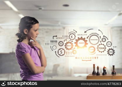 Chess game for clever mind. Young caucasian kid girl playing game of chess