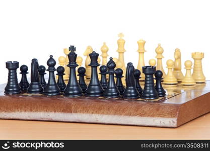 Chess game with all pieces on the board isolated on white background