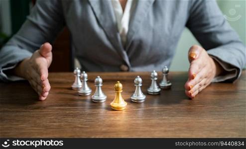 Chess leader and team. Human resources concept career management with clasped hands planning strategy with chess figures. leadership or success teamwork. Inspiration idea of goal.