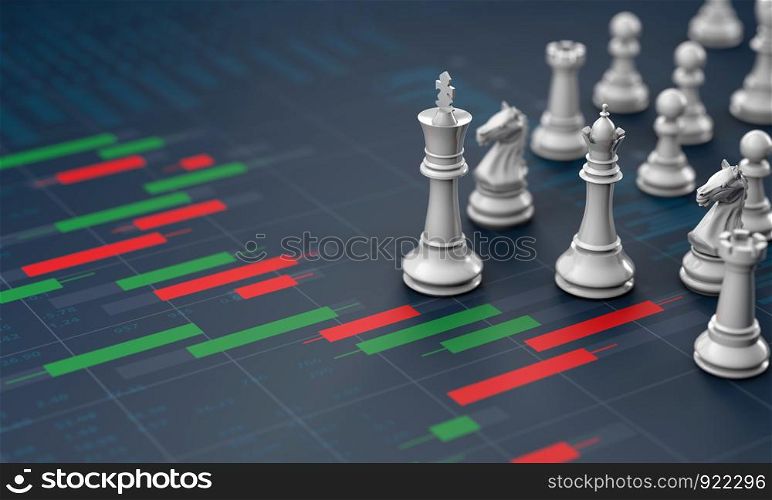 Chess on candle stick graph, planning buy sell on stock market, 3d rendering