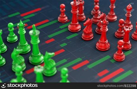 Chess on candle stick graph, planning buy sell on stock market, 3d rendering