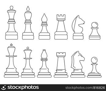 Chess piece icon set. Outline set of chess piece vector icons for web design isolated on white background. Chess piece icon set, outline style