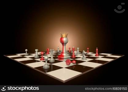 Chess pieces on a dark background art. In the center of a huge two-tone frame a pawn with a crown.