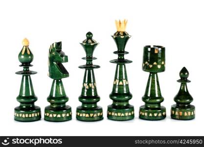 chess pieces queen bishop knight rook and pawn isolated on white