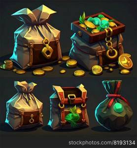 chest game treasure bag ai generated. golden coin, cash old, wealth full chest game treasure bag illustration. chest game treasure bag ai generated