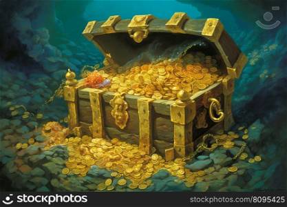 Chest with gold coins. Ancient pirate box. Generate Ai. Chest with gold coins. Generate Ai