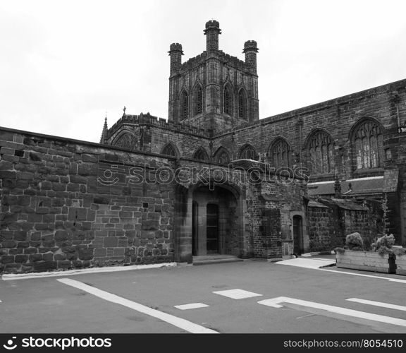 Chester Cathedral in Chester. Chester Anglican Cathedral church in Chester, UK in black and white