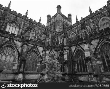 Chester Cathedral in Chester. Chester Anglican Cathedral church in Chester, UK in black and white