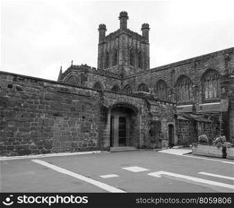 Chester Cathedral in Chester. Chester Anglican Cathedral church in Chester, UK in black and white