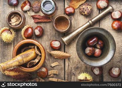 Chestnut and ingredients in homeopathy medicine.Alternative medicine herbal. Chestnut in herbal medicine