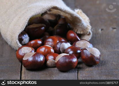 Chestnuts on wooden table in the kitchen.