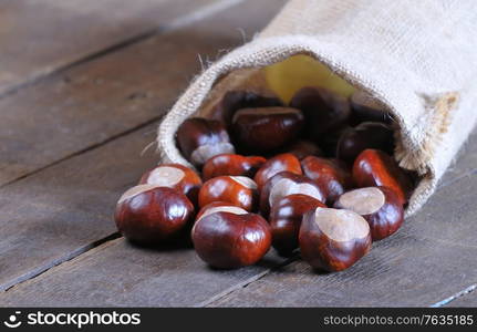 Chestnuts on wooden table in the kitchen.