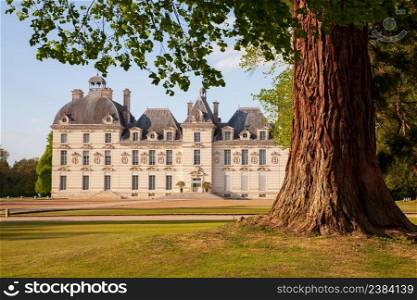 Cheverny, France - april 18 2014   Castle of Loire valley, elegant Cheverny with beautiful park.. Castles of Loire valley, elegant Cheverny