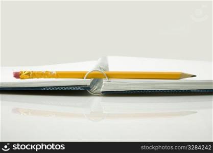 chewed yellow pencil and notebook