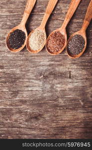 Chia and flax seeds, white and black sesame in wooden spoons. Copy space