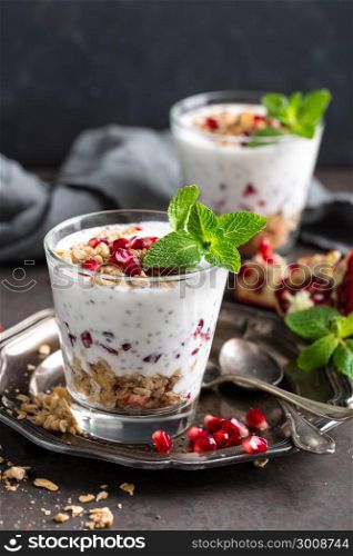 Chia pudding parfait with pomegranate, granola and light greek yogurt. Healthy eating