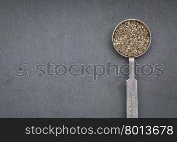 chia seed on metal measuring tablespoon against slate sone with a copy space