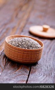 Chia seeds in bowls and on a table