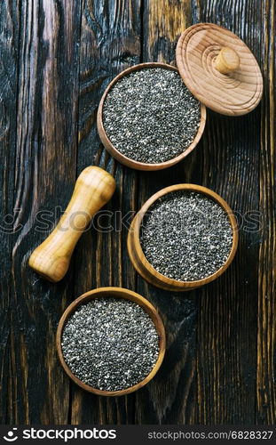 Chia seeds in bowls and on a table