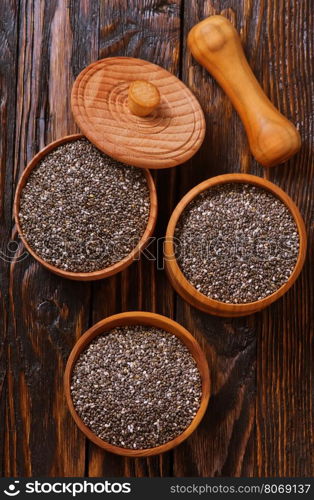 Chia seeds in bowls and on a table