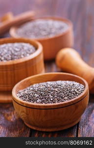Chia seeds in bowls and on a table
