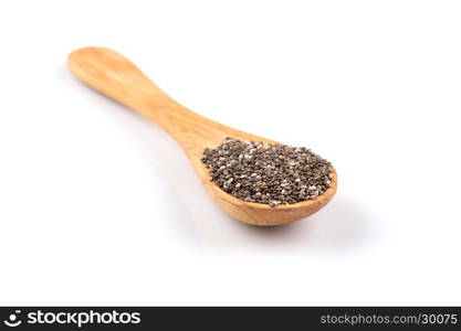 Chia seeds in wooden spoon on white background