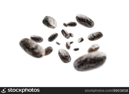 Chia seeds levitate on a white background.. Chia seeds levitate on a white background