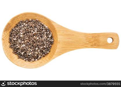 chia seeds on a small wooden spoon isolated on white with a clipping path