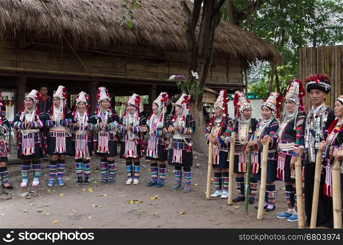 "Chiang Mai, Thailand - January 11, 2017: Thailand akha hill tribe waiting to perform traditional dance show for tourist in "following the king on highland festival" in Chiang Mai, Thailand on January 11, 2017."