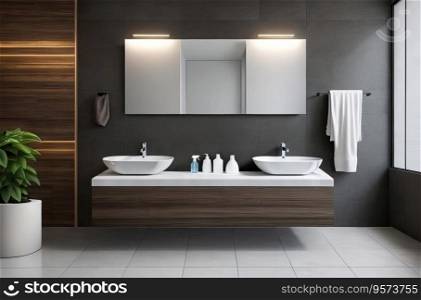 Chic Bathroom Interior: Gray and Brown Walls, Black Countertop, Mirror, Plants, and Parquet Floor. Generative AI.