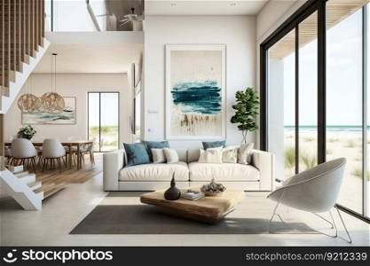 chic beachfront villa interior with modern furniture, minimalist elements and stylish accents, created with generative ai. chic beachfront villa interior with modern furniture, minimalist elements and stylish accents