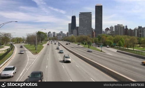 Chicago&#8217;s Lake Shore Drive from a high angle on a sunny day.