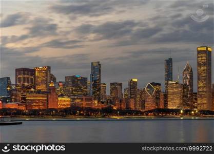 Chicago Cityscape river side along Lake Michigan at beautiful twilight time, Illinois, United States, building and real estate, Business Architecture and building, travel and tourist concept