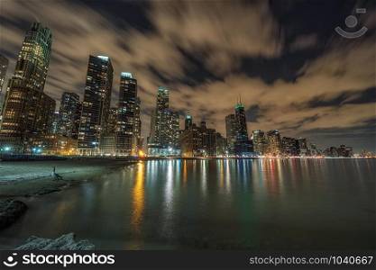 Chicago Cityscape river side at beautiful twilight time, Illinois, United States, USA, Business Architecture and building with tourist concept