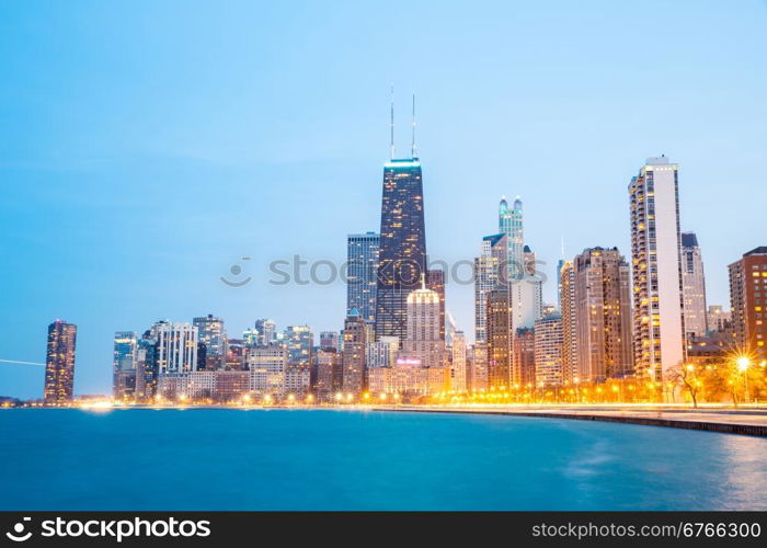 Chicago downtown and Lake Michigan at dusk