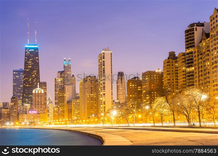 Chicago downtown and Lake Michigan at dusk
