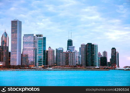 Chicago downtown cityscape at sunset