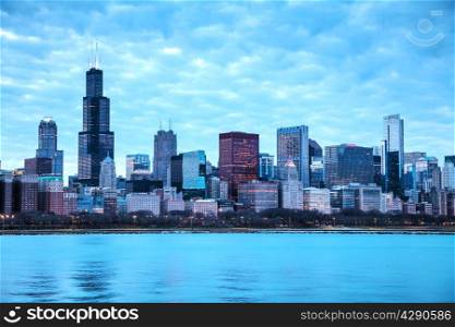Chicago downtown cityscape at sunset