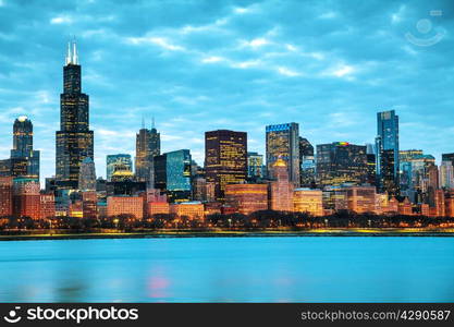 Chicago downtown cityscape at sunset