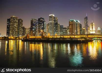 Chicago downtown cityscape panorama in the night