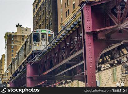 Chicago, IL, USA, october 2016: Elevated commuter train moving in Chicago, Illinois