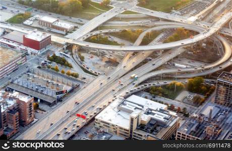 Chicago, IL, USA, october 28, 2016: Aerial view of a interstate freeway interchange