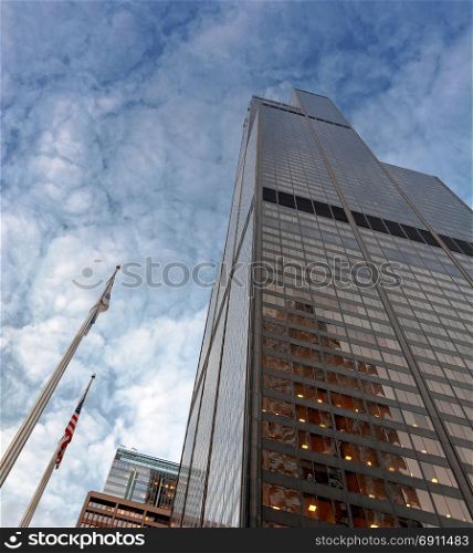 Chicago, IL, USA, october 28, 2016: bottom view of Willis Tower skyscraper in Chicago