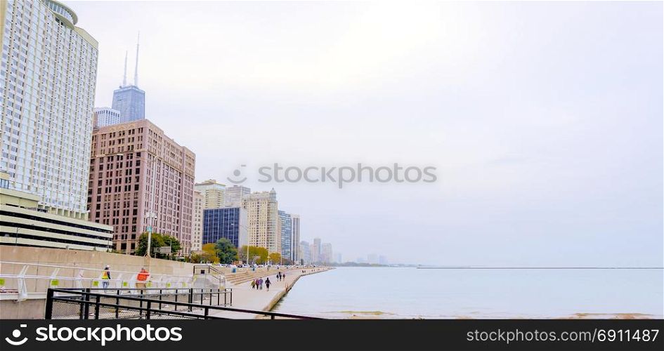 Chicago, IL, USA, october 28, 2016: Chicago Lakefront in a foggy cloudy day